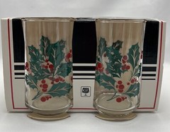 Vintage Set of 4 ~ Crisa Clearly Holly & Berries Glasses 12oz Original Packaging