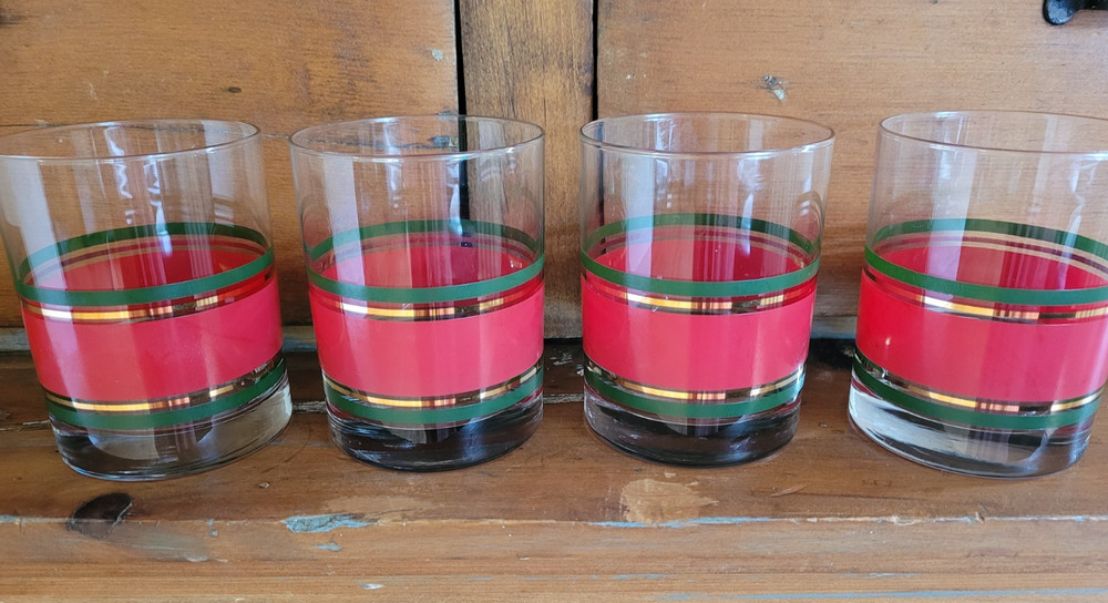 4 VTG 4″ OLD FASHION glasses Red Green Gold Striped Christmas