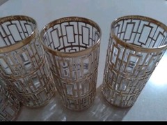 Vintage Mid Century Shoji Trellis Imperial Glass Gold Highball Tumblers Set (6)
