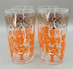 Federal Glass 5″ Tall-10 oz Tumblers Decorated W/Orange Teapots W/ Gold USA