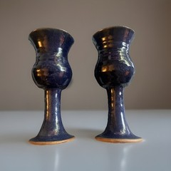(2) HANDCRAFTED ART POTTERY CHALICE / GOBLETS – Blue glazed
