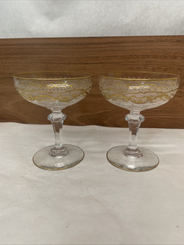 St Louis Crystal – Gold Encrusted Scrolls – Champagne Glass. Pair.