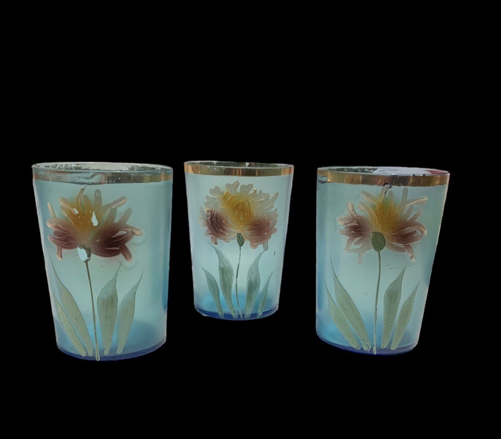 Antique Victorian Set Of 3 Cups Sugar Blue Glass Hand Painted Flower Circa 1900