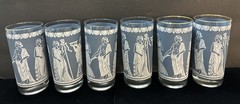 Wedgewood Blue Gray Greek Roman 10 oz Gold Trim Tumblers Set Of 6