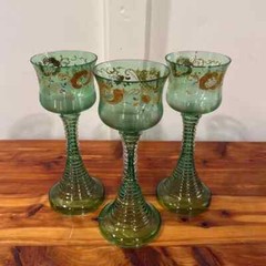 Vintage Bohemian Green Art Glass Gold Detailing Goblets Set of 3