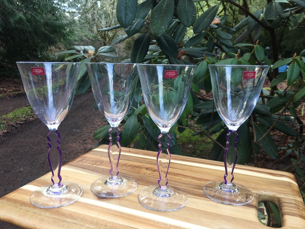 4 VINTAGE French Cristal d’arques wine glasses w/purple stem edges htf pattern~