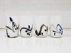 Set of 4 Hand Blown Style Art Glass Tumblers White Abstract Modern Drinkware