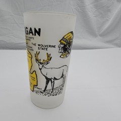 HTF Vtg Hazel Atlas Michigan State Frosted Glass Map Deer Fish Outdoors