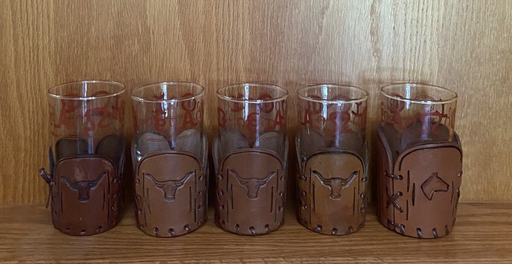 Libbey Bamco Western Highball Glasses 5″ Tooled Leather Sleeves Bull Horse