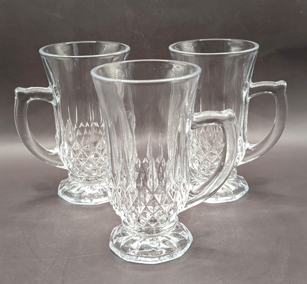 Set Of 3 Cristal d’Arques Durand Diamante Footed Tea / Irish Coffee Mugs Glasses