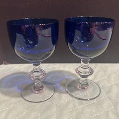 Set Of 2 Vtg Cobalt Blue Goblets With Clear Wafer Stems 4.5” Tall
