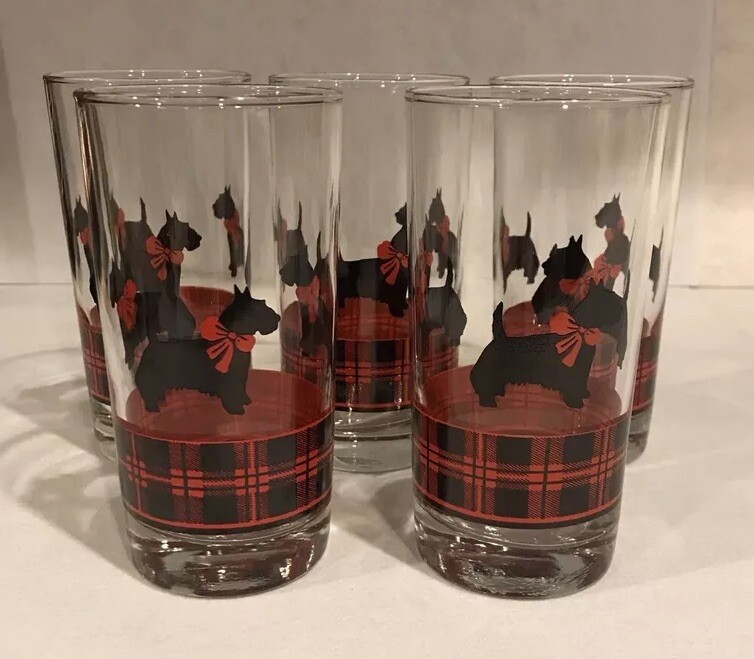 Set of 5 Anchor Hocking Black Scottish Terrier Dog with Red & Black Plaid