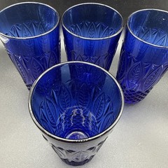 (4) Arcoroc Royal Sapphire Cobalt Blue Beverage Glasses Palm Leaf France 14oz