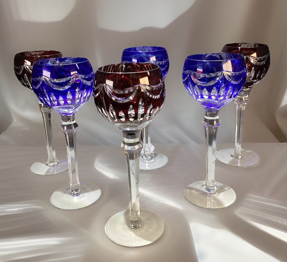Six (3 Blue And 3 Ruby) Cut To Clear Hock Wine Glasses 8 3/8” Lead Crystal