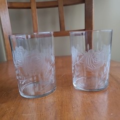 Vintage Cut Engraved ROSES Glass Verithin Thin 4″ Tumbler Elegant LOT 2