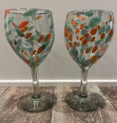 Handblown Stemmed Wine Glasses, Green Glass w Dotted Pattern, Classy Coral