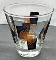 Atomic Double Shot Glasses 3 oz Black Block Gold Starburst MCM Barware Vintage