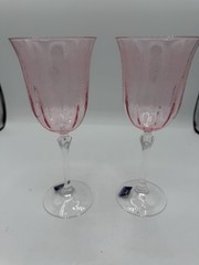 NWT (2) LE REINE CRISTAL~ITALY Pink ETCHED WATER/WINE GOBLETS~GLASSES~8-1/4″~