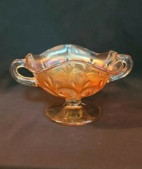 Antique Dugan Carnival Glass Marigold Question Marks Two Handled Footed Bon Bon