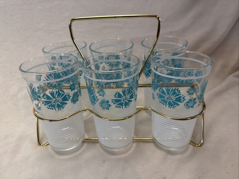 Vintage set of six Mid-Century Modern highball drinking glasses W/ Wire Rack