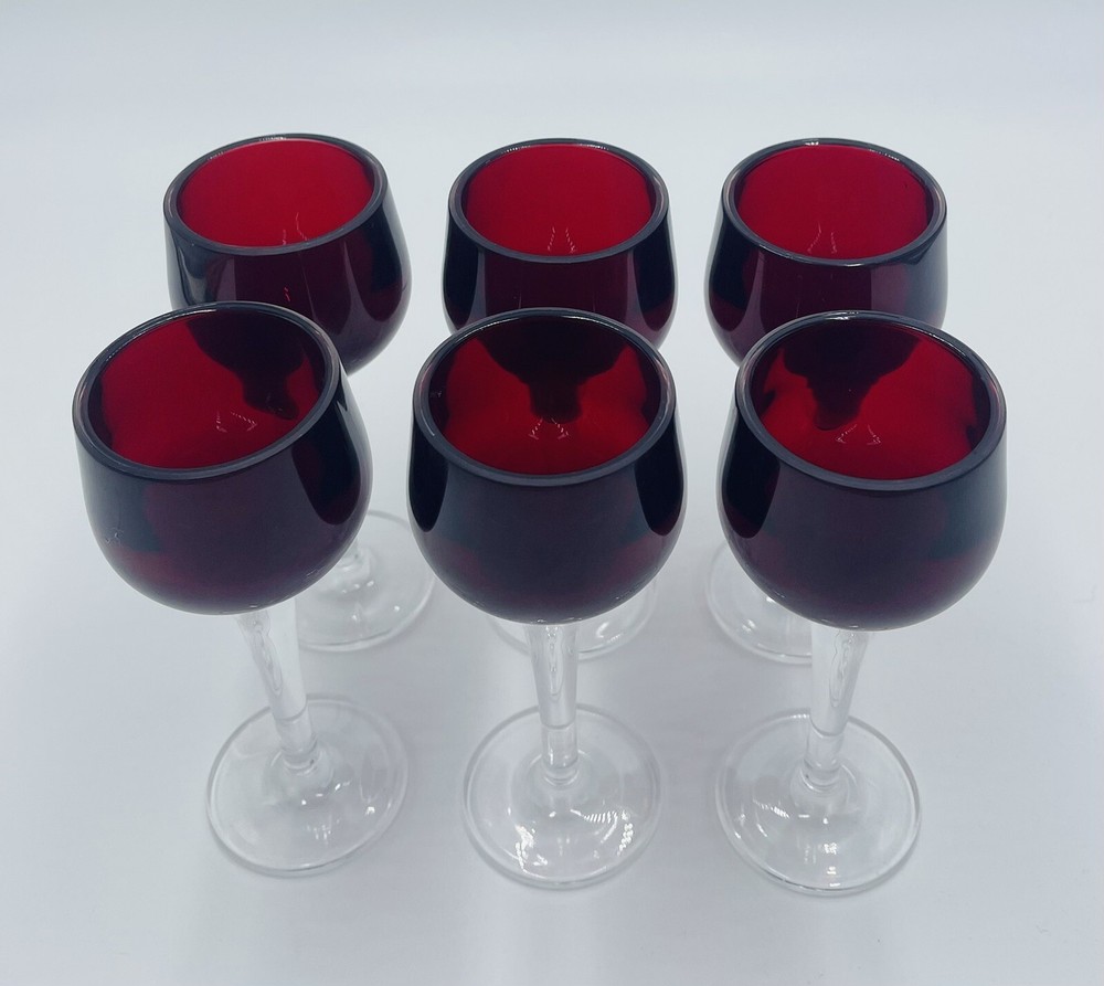 6 Fascination Ruby Red Mini Wine Glasses Goblets w/Clear Stem Acrylic Glass RARE