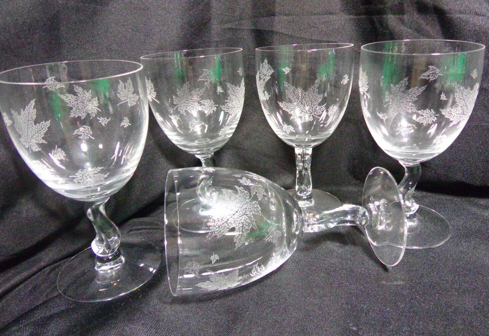 5 Fostoria Glass Sylvan Maple Leaf Wine Goblets Signed 5 3/4