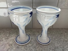 Cobalt Blue And White Porcelain Goblet/Wine/Saki Cups With Floral Design