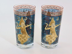 2 Vtg Cera Glass 22K Gold MCM Thai Garden Dancer Highball Tumblers EUC