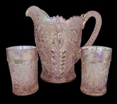 Imperial Glass Tiger Lily Pink Carnival 48 oz Pitcher + (2) 9 oz Flat Tumblers
