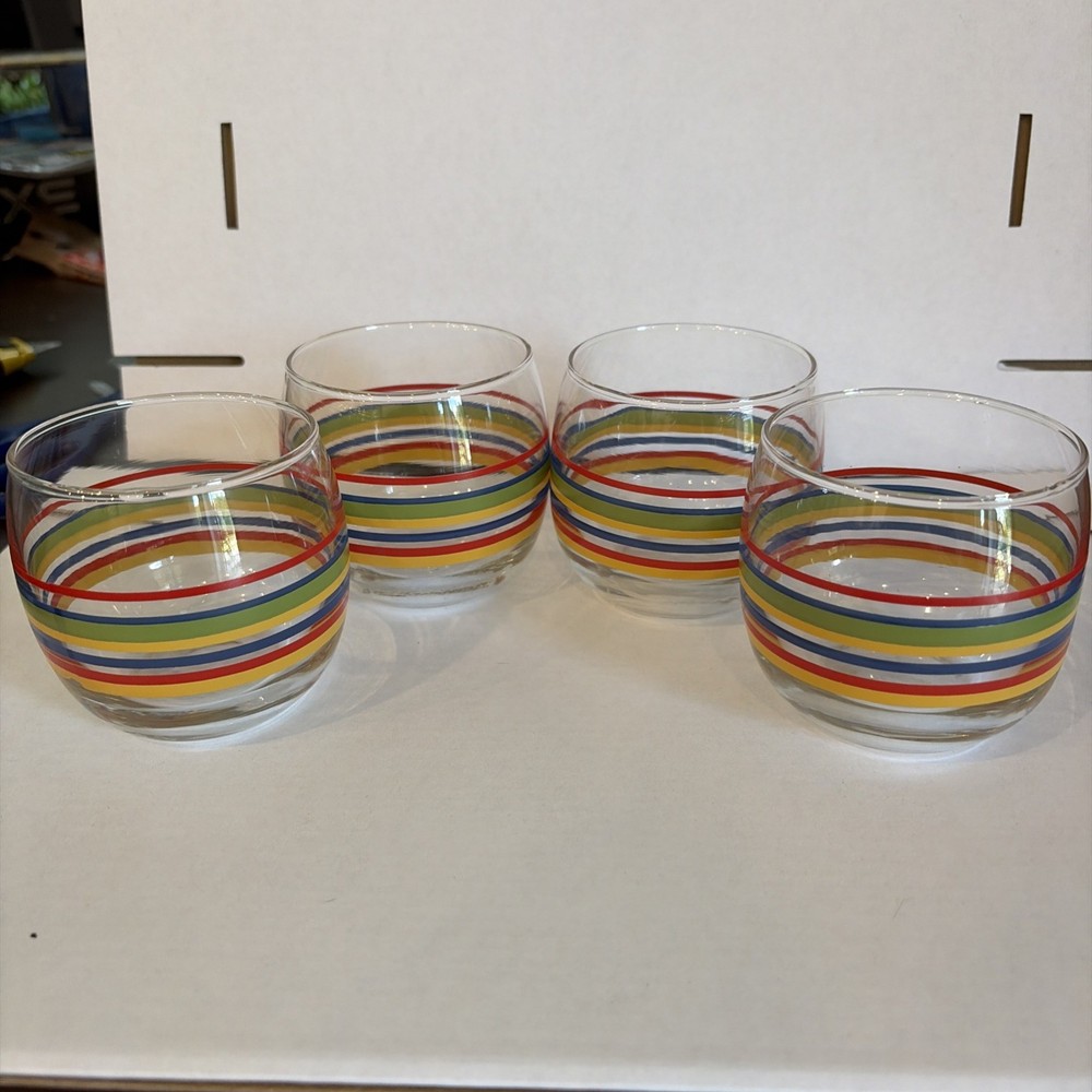 Libbey Set if 4 Rainbow Strip Stemless Juice Glass 3.25” Tall