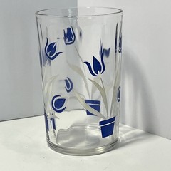 Vtg. Blue Tulips In Pot 3.5” Tall Juice Glass, Panel Side, Great Condition