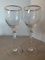 Two (2) Lenox Monroe Gold Rimmed Crystal Wine Water Glasses 7 5/8” Tall 6 oz.