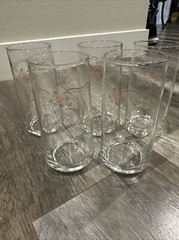 5 English Breakfast Corelle Tumblers Glasses, Clear, 5 3/4″ tall x 2 1/2″ Roses