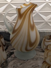 Murano Style Frosted Art Glass Pitcher & 6 Tumblers Set Italian Swirl Satin 1950