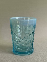 Antique Fenton Blue Opalescent Glass Tumbler ‘Waterlily & Cattail’ Pattern