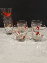 VNTG MCM Atomic Boomerang Barware Set 5pc Red Gold Federal Glass Style C.50-60’s