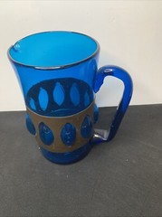 Large Felipe Derflinger Mexican Folk Art Blown Glass Cobalt Pitcher Caged MCM
