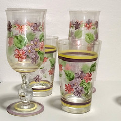Hand Painted Drinking Glasses Four Tumblers & Two Wine Goblets Pink Purple Flora