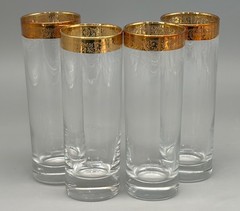 4 CELLINI LONG DRINK TALL HIGHBALL GLASSES HAND DECORATED 24 KT GOLD ITALY Box