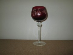 Vtg Red Bohemian Czech Crystal Cut to Clear 8″ Hock Wine Glass Grapes Hortensia?