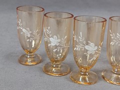 Bohemian Hand Enameled White Floral Optic Molded Amber Glass Liquor Cordial Set