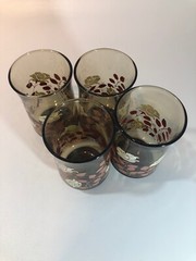 Vintage 1950s Set of 4 Libby Juice Glasses- Smoked Glass with Roses and Leaves