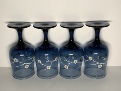 LRS-10 Smoke Blue, White,Yellow Floral Water Goblets By Libbey Glass Co,Set Of 4