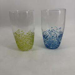 Vintage Pebbled Textured Glass Highball Tumblers Retro MCM Blue Green Art Glass