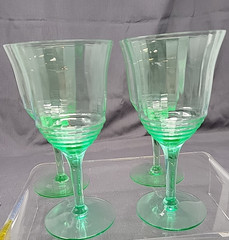 Vintage Uranium Green Optic Water Goblets 6 3/4 in Set of 4