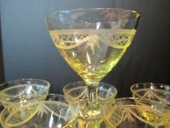 Topaz Yellow 8 Champagne Goblet Delicate Etched Swag Draped Criss Cross Design