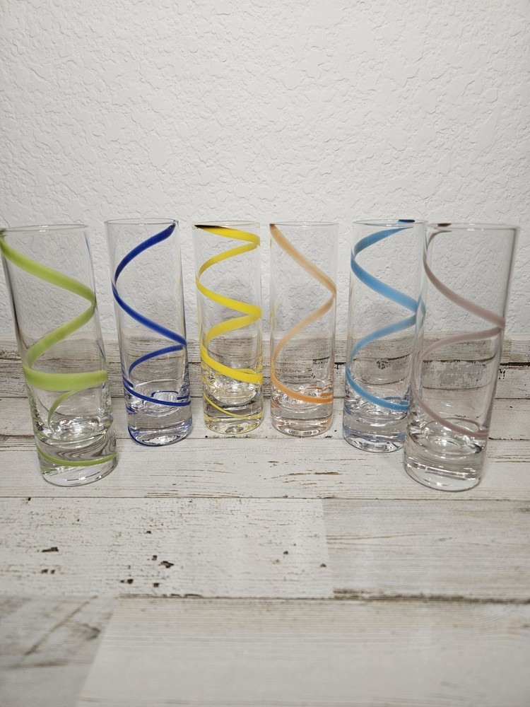 Set Of 6 Tall Shot Glasses Clear Glass With Swirl Design Multicolor