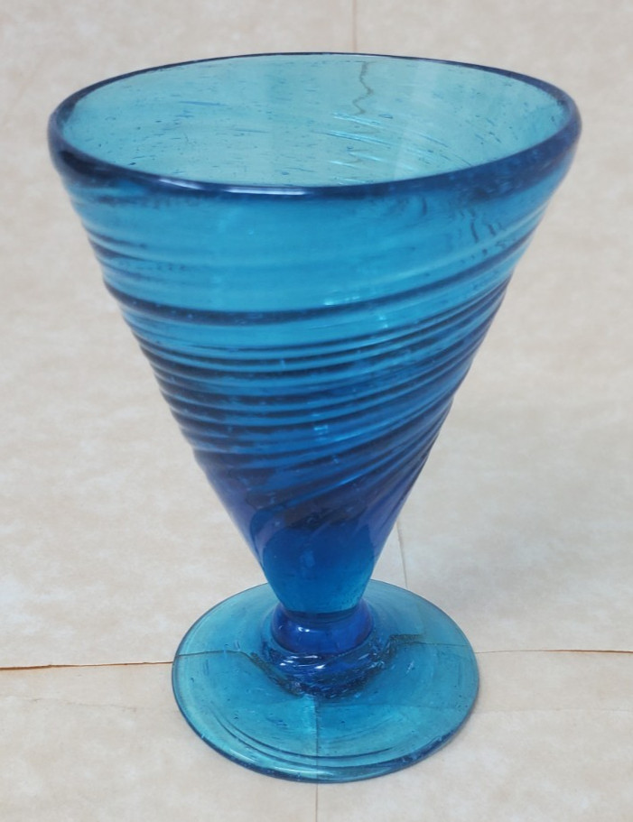 MCM Hand Blown Footed Drinking Martini Glass Cobalt Blue Swirl VTG
