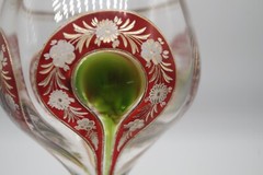 MOSER GLASS BOHEMIA ANTIQUE INTAGLIO GOLD RED TRUMPET STEM GOBLET PEACOCK 7.5″