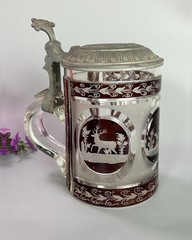 Antique Bohemian Souvenir Lidded Mug/Stain 6.25”H Etched Glass Ruby Red/Clear